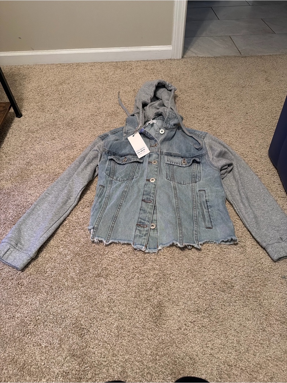 Women's Light Blue Denim Jacket with Gray Hoodie Sleeves